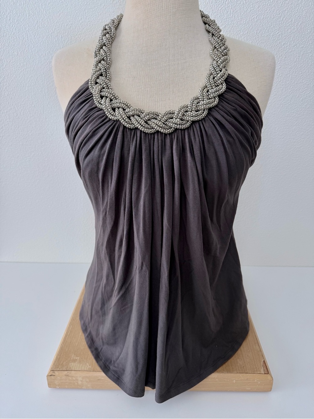 Vintage XXI Forever Charcoal Grey Silver Beaded Gathered Halter Neck Cami Top M
